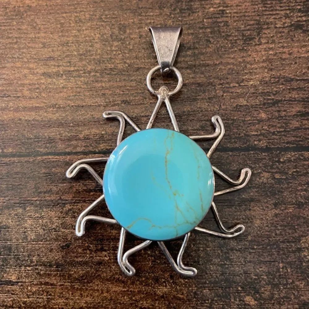 VNT Sterling Silver Turquoise Larimar Sun Pendant/ Mexico
